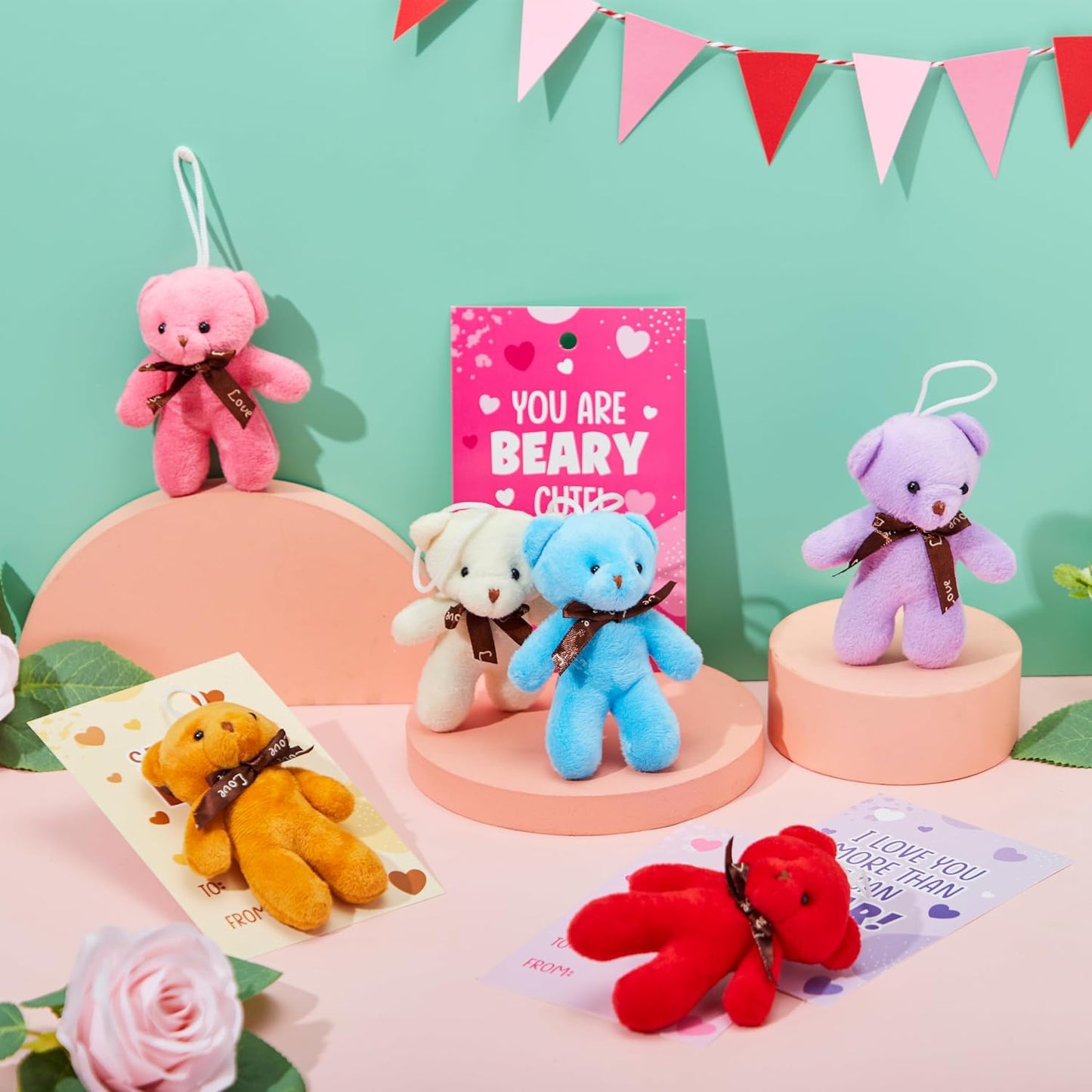28 Packs Valentine's Day Gift Cards with Mini Bears Plush Toy Party Favors