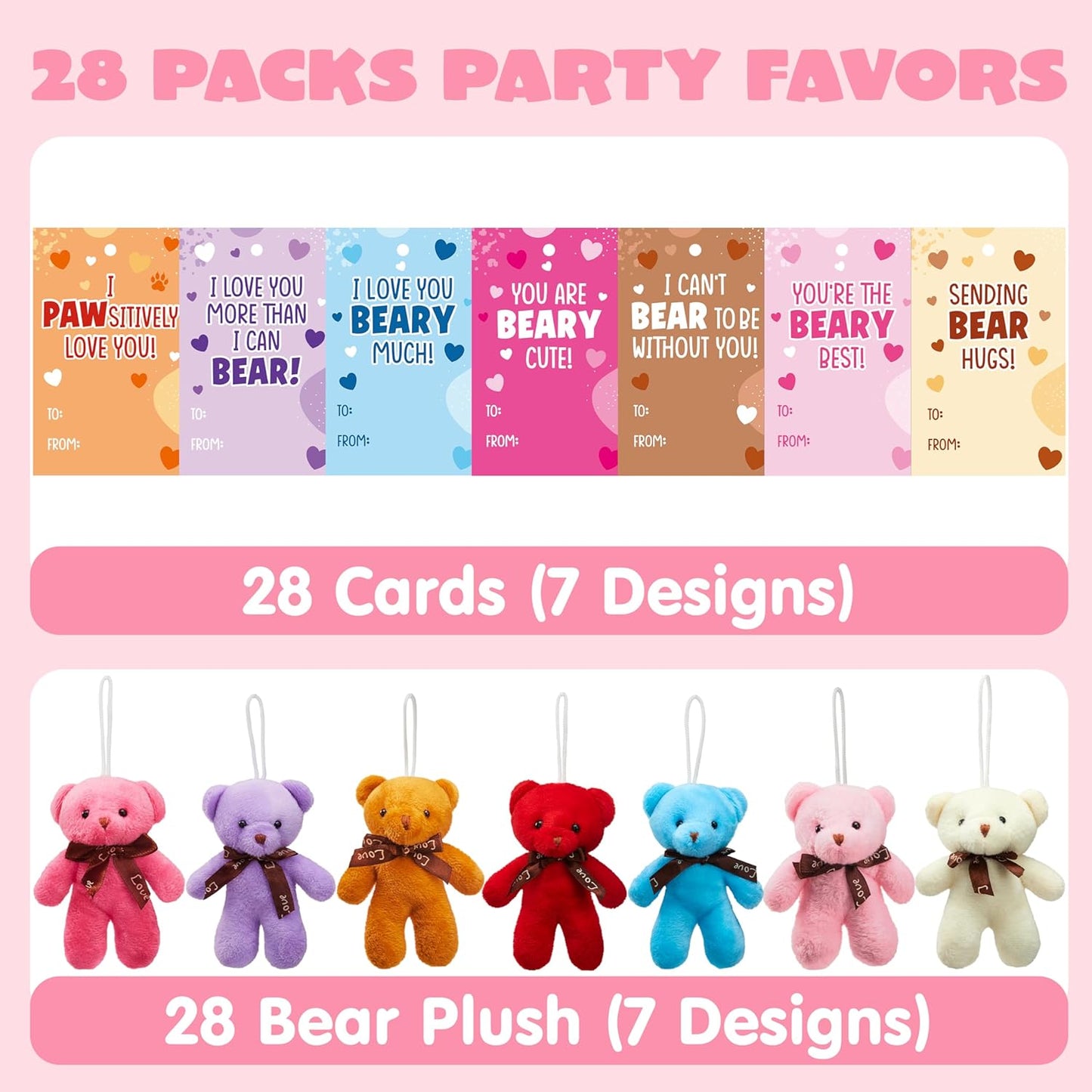 28 Packs Valentine's Day Gift Cards with Mini Bears Plush Toy Party Favors