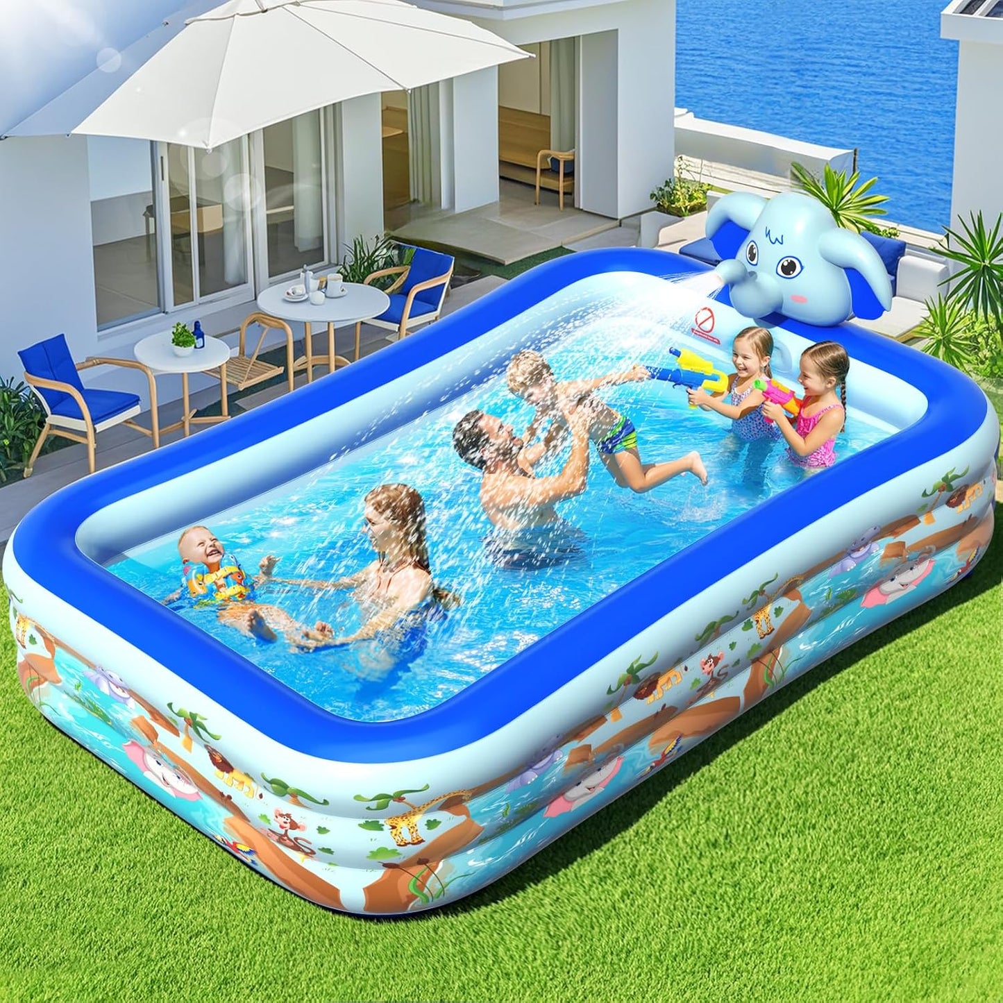 Upgraded Elephant Family Inflatable Swimming Pool with Sprinkler