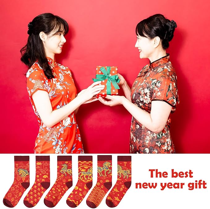 12 Pairs Chinese New Year Horse Socks 2026 - Red Fortune Cotton Socks for Men and Women