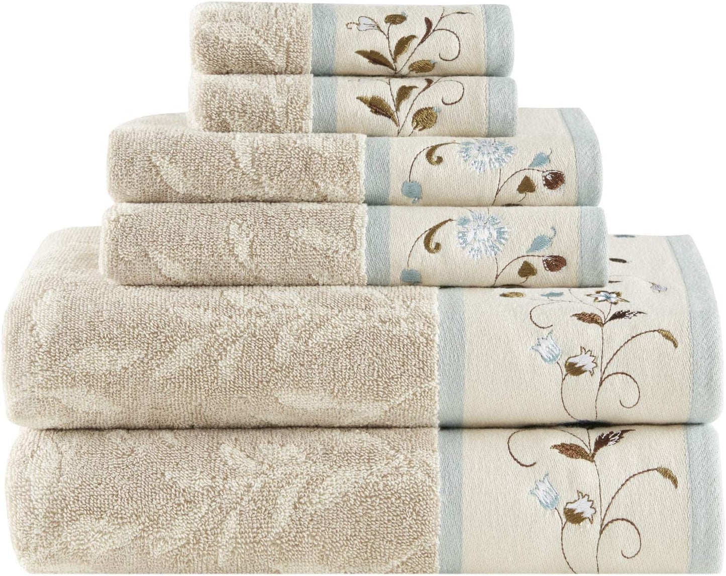 6-Piece Luxurious Floral Cotton Bath Towel Set with Embroidered Jacquard Design