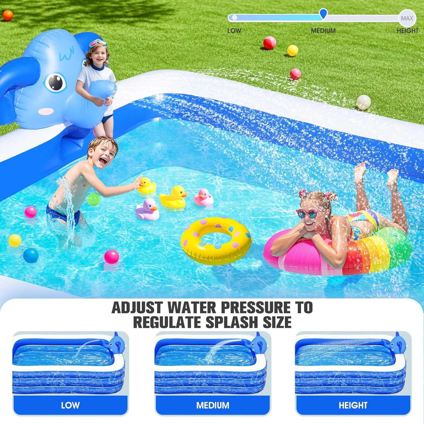 Upgraded Elephant Family Inflatable Swimming Pool with Sprinkler