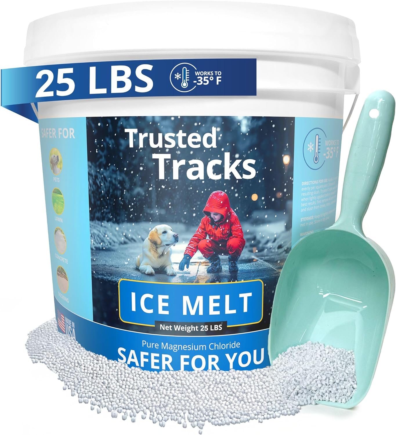 25 LBS Premium Snow Melter, Pet Safe, Pure Magnesium Chloride, Safer for Pets, Concrete, Effective to -35 F