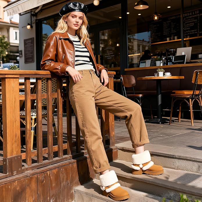 Women’s Ankle Winter Boots – Chunky Low Heel Slip-On with Buckle (Chestnut-White Fuzzy, Size 9)
