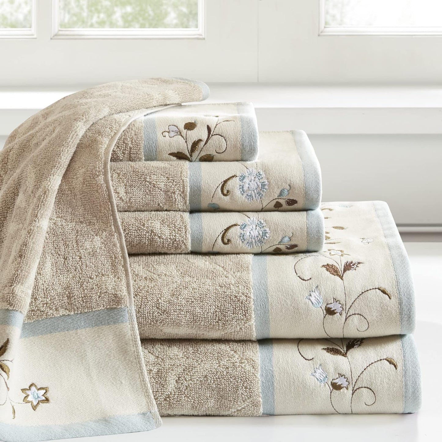 6-Piece Luxurious Floral Cotton Bath Towel Set with Embroidered Jacquard Design
