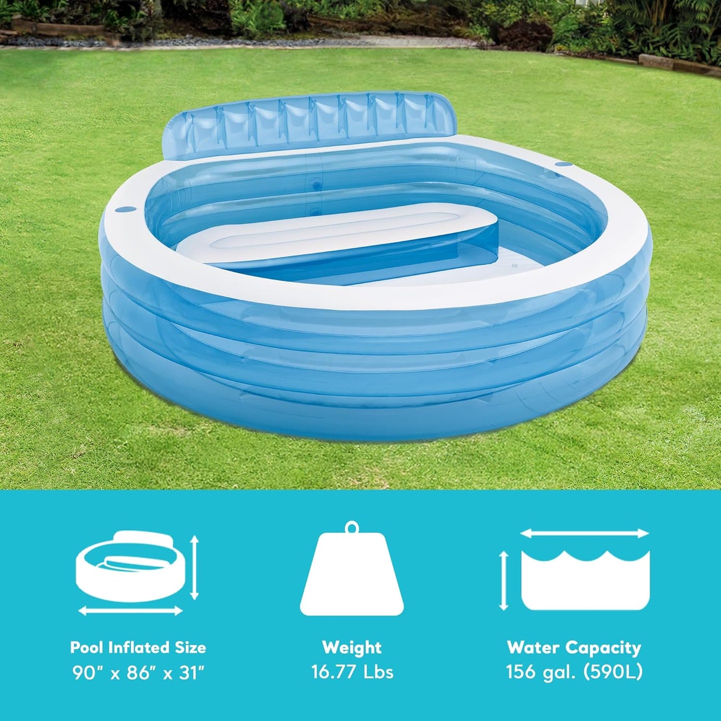 Inflatable Above-Ground Family Lounge Pool: Built-in Bench and Cup Holder