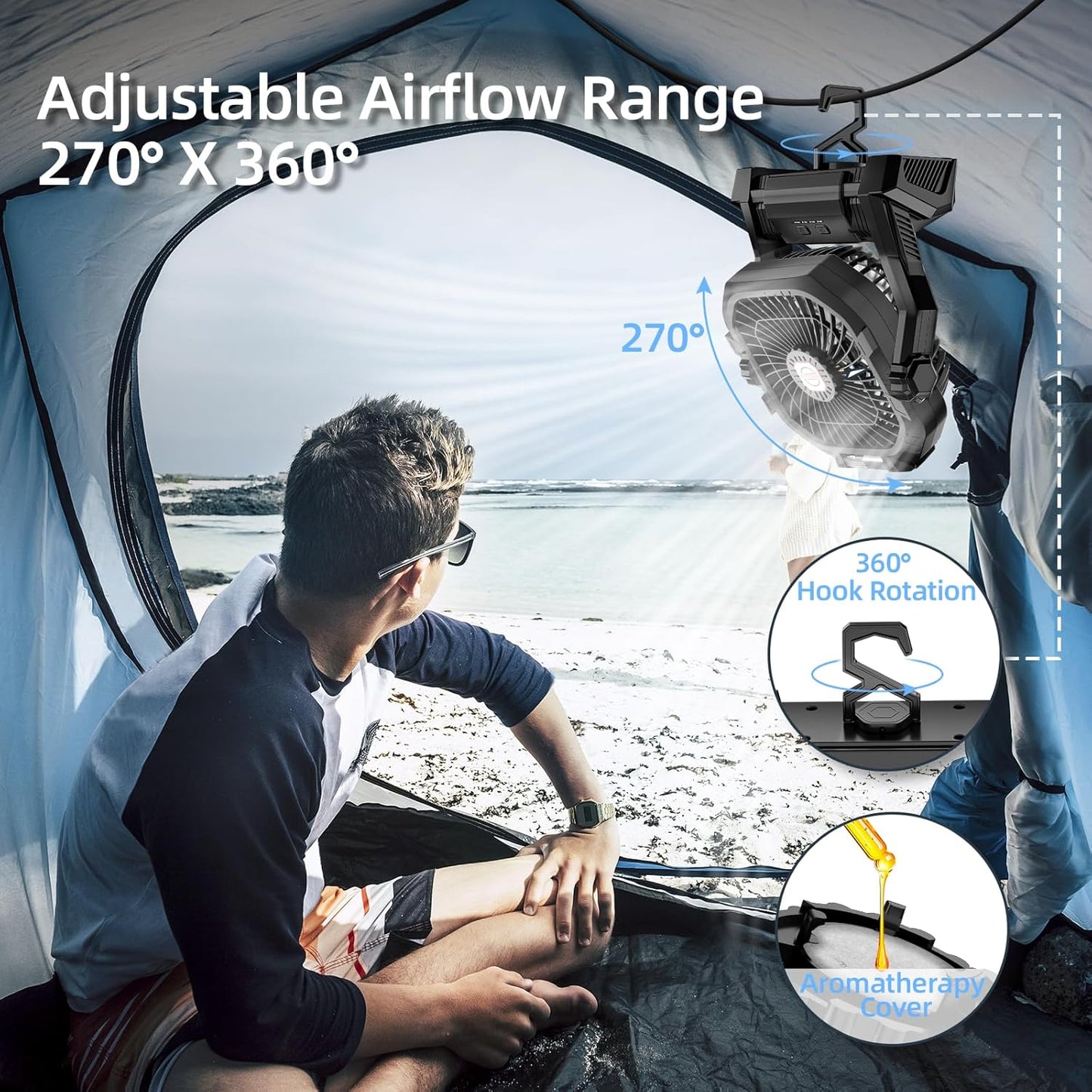 Rechargeable Camping Fan with LED Light & Hook - 20000mAh Battery, 4-Speed, 270° Adjustable