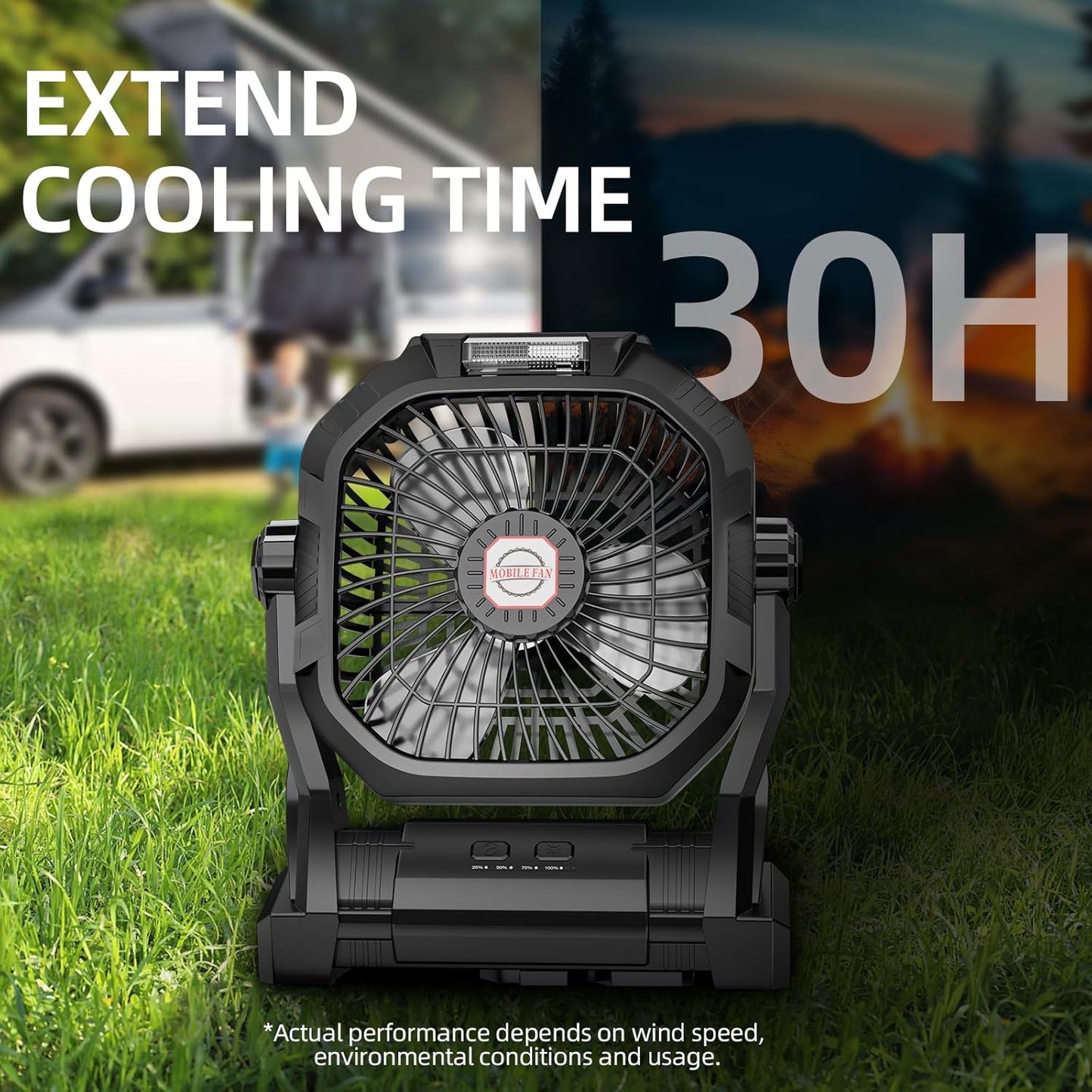 Rechargeable Camping Fan with LED Light & Hook - 20000mAh Battery, 4-Speed, 270° Adjustable