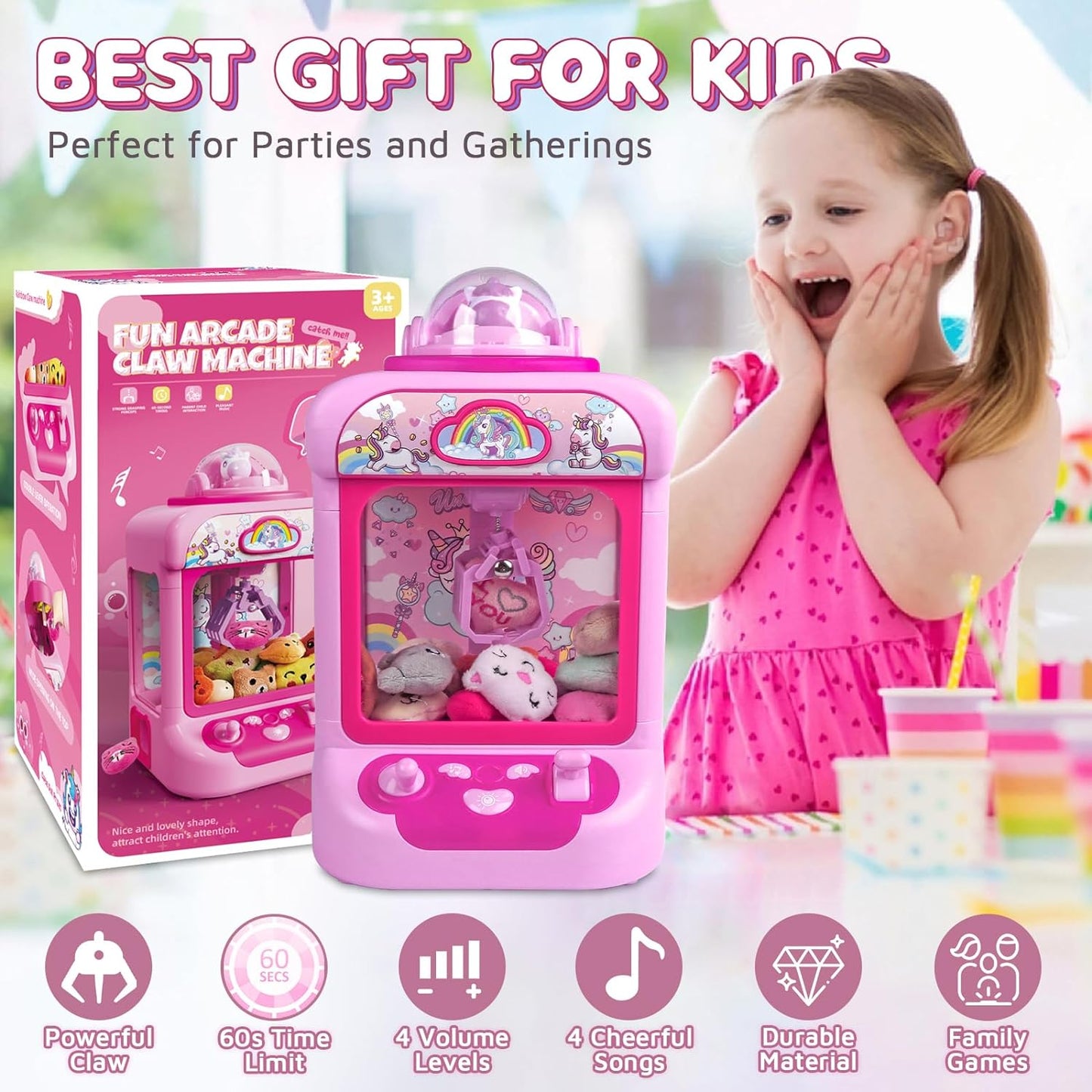 Claw Machine for Kids, Candy Grabber Prize Dispenser with Sound & 20 Mini Plush Toys