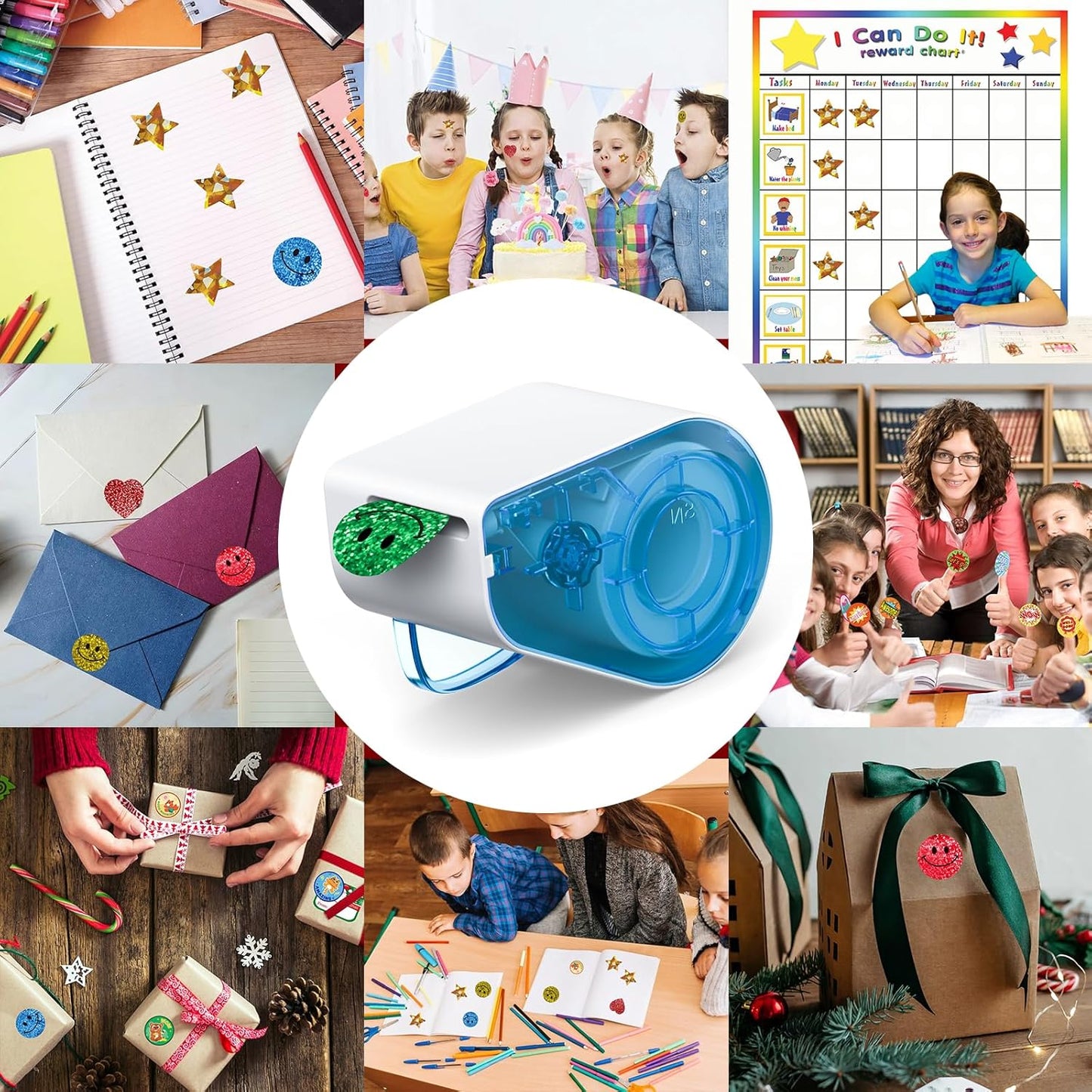 1520-Piece Manual Sticker Dispenser: 1-Inch Holographic Gold Stars, Red Hearts, and Smiley Faces for Kids' Rewards