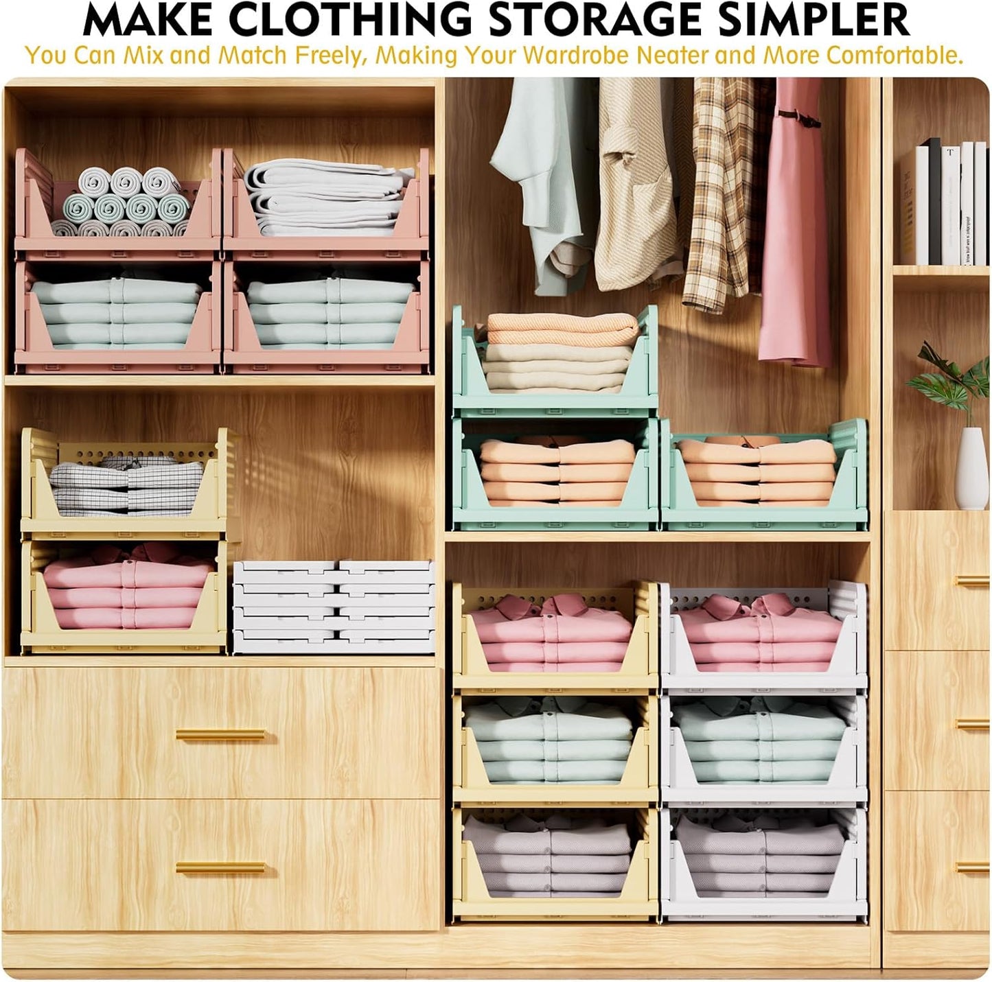 5 Pack Stackable Closet Storage Baskets – Foldable Space-Saving Organizer Drawers – White