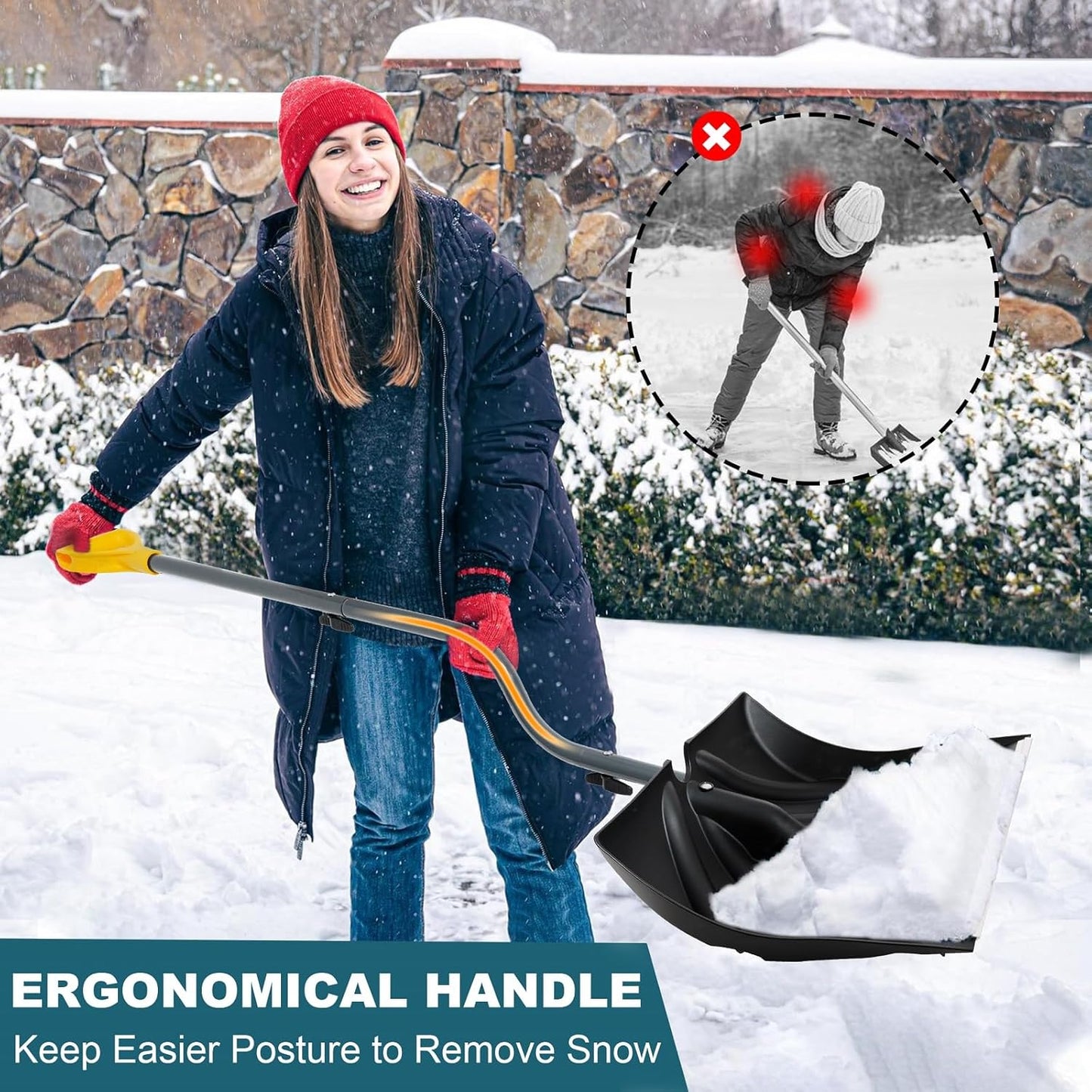 17-Inch Wide Snow Shovel 57” Long with Bent Handle Aluminum Edge Sharp Blade