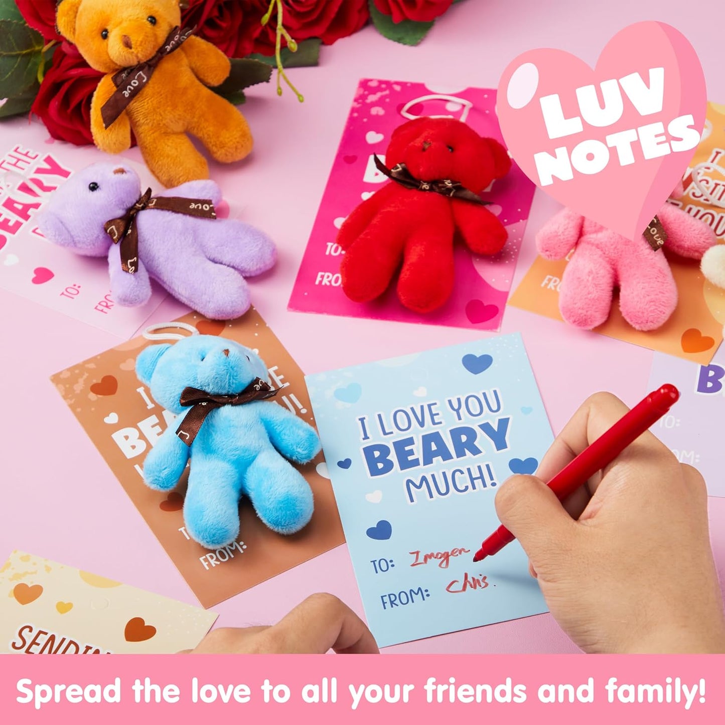 28 Packs Valentine's Day Gift Cards with Mini Bears Plush Toy Party Favors