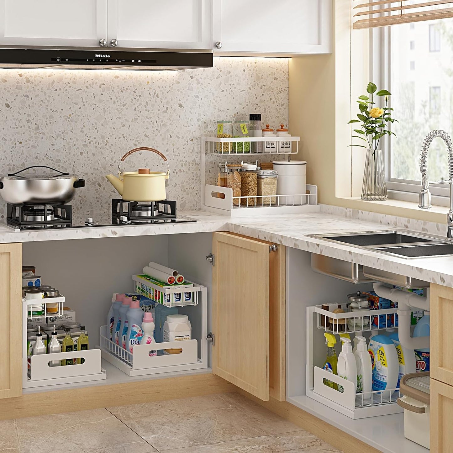 2-Tier Under-Sink Organizer – Pull-Out Cabinet Storage Shelf for Kitchen and Bathroom, Available in Gray, White, and Black (2-Pieces)