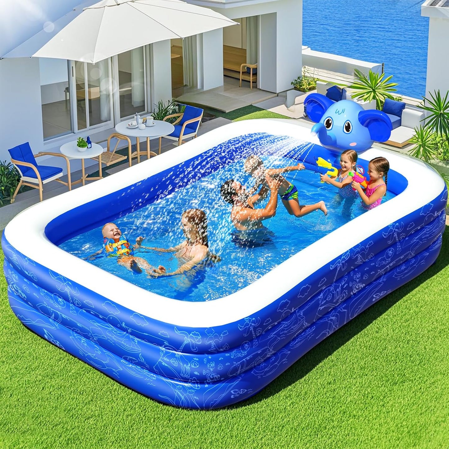 Upgraded Elephant Family Inflatable Swimming Pool with Sprinkler