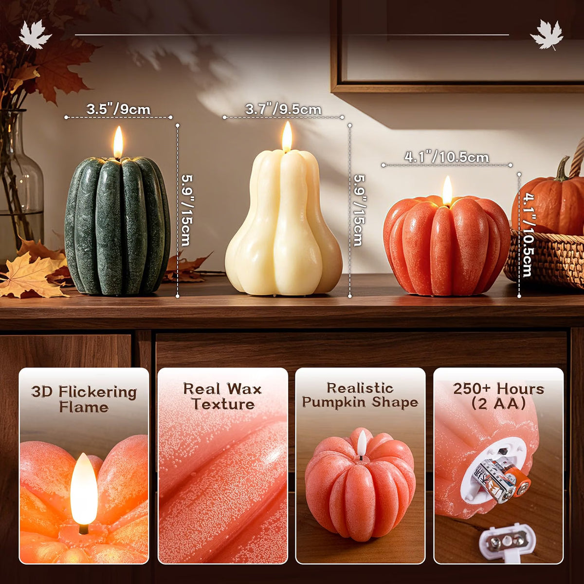 3-Piece Fall Pumpkin Flameless Candle Set – Real Wax LED Flickering Candles with Remote for Thanksgiving & Halloween Décor