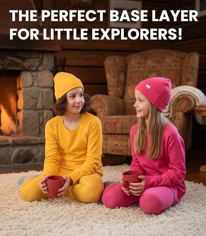Kids’ Merino Wool Base Layer Set – Midweight Thermal Top, Bottom & Beanie (Medium)