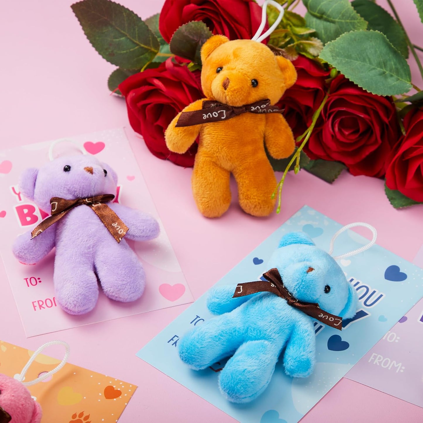28 Packs Valentine's Day Gift Cards with Mini Bears Plush Toy Party Favors