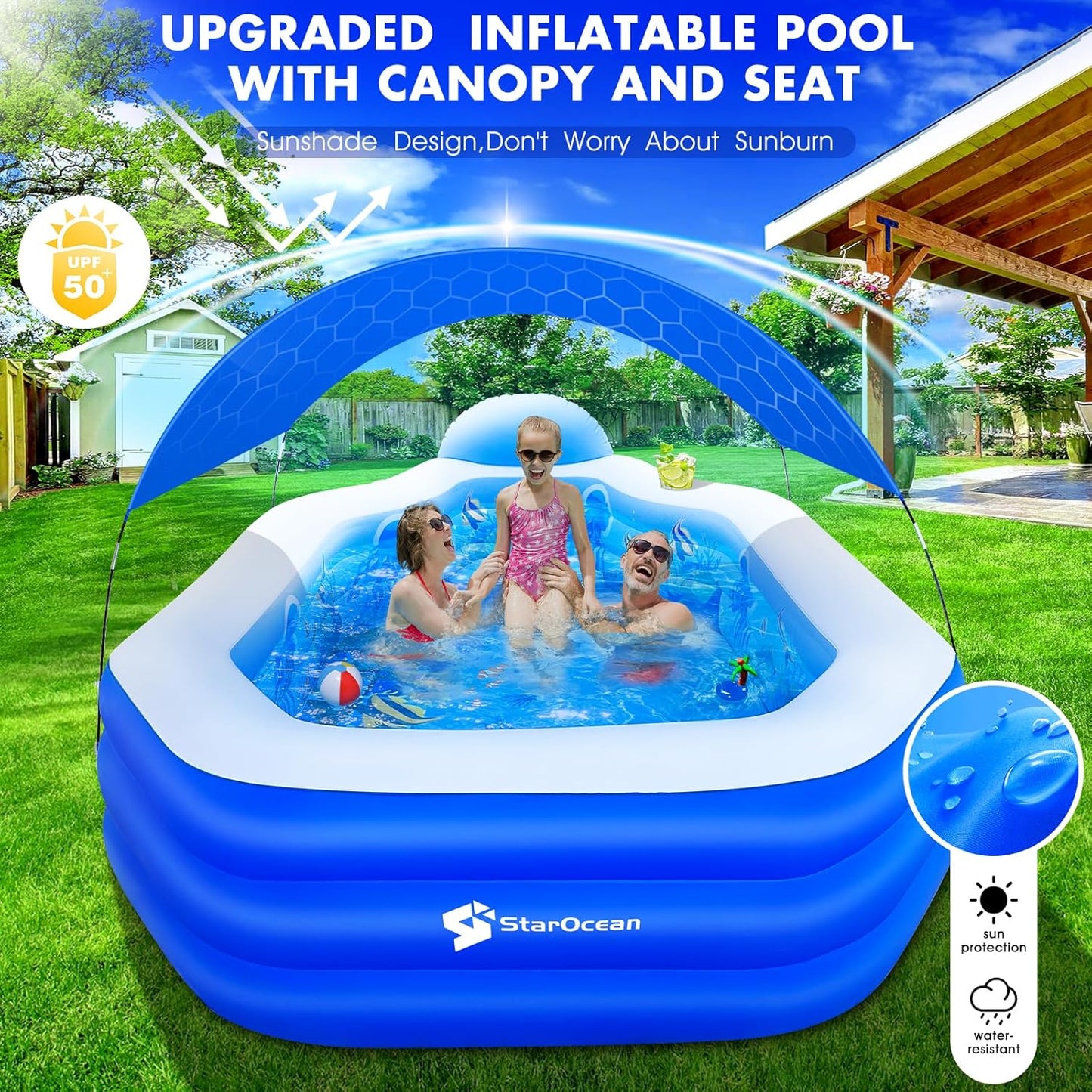 Large Inflatable Pool with Canopy, Seats, and Backrest for Kids and Adults
