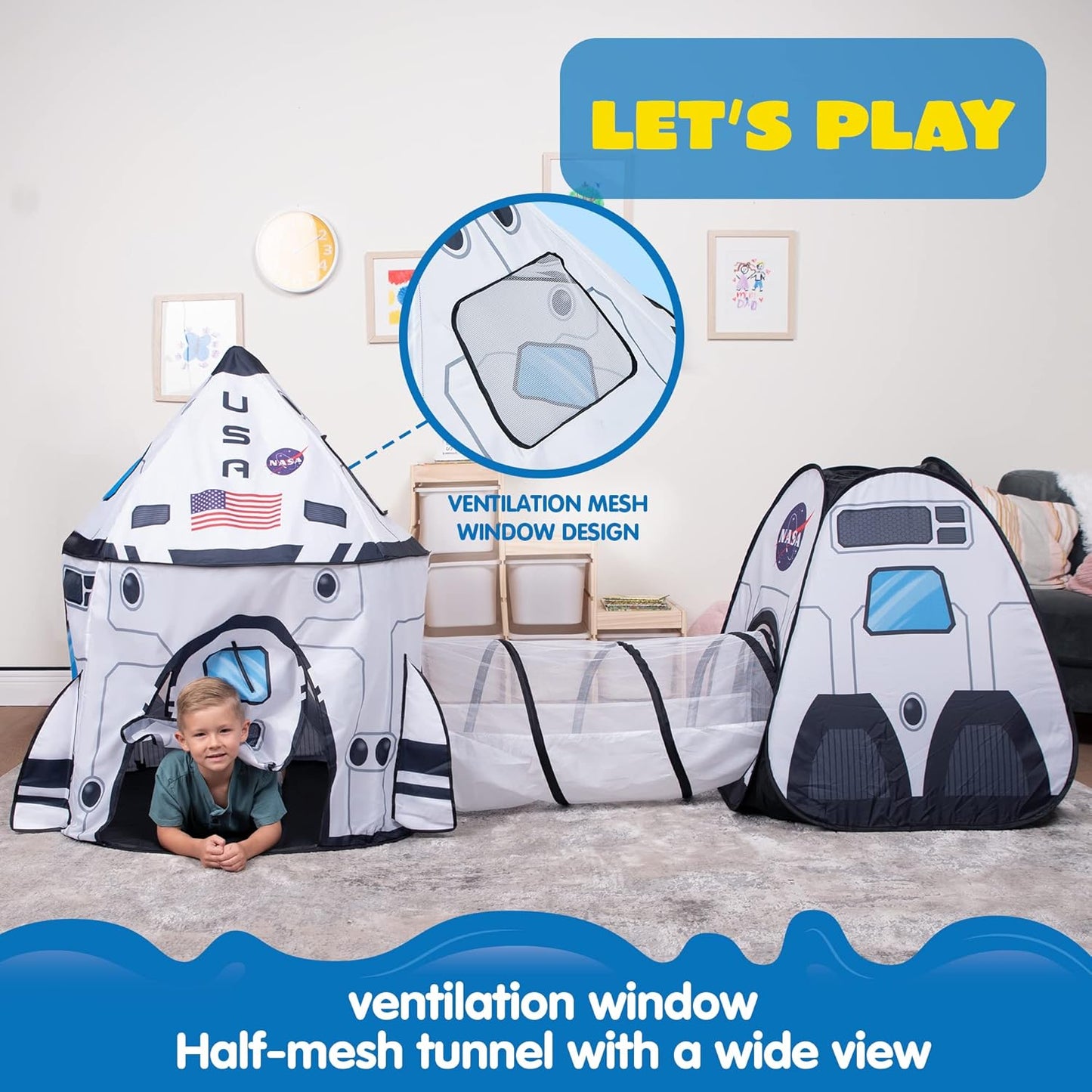 White Rocket Ship Play Tent Set with Tunnel - Indoor/Outdoor Kids' Spaceship Tent