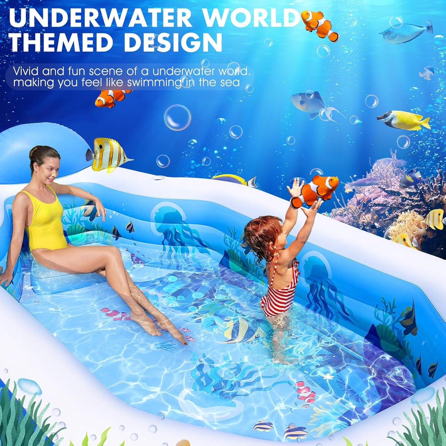 Large Inflatable Pool with Canopy, Seats, and Backrest for Kids and Adults