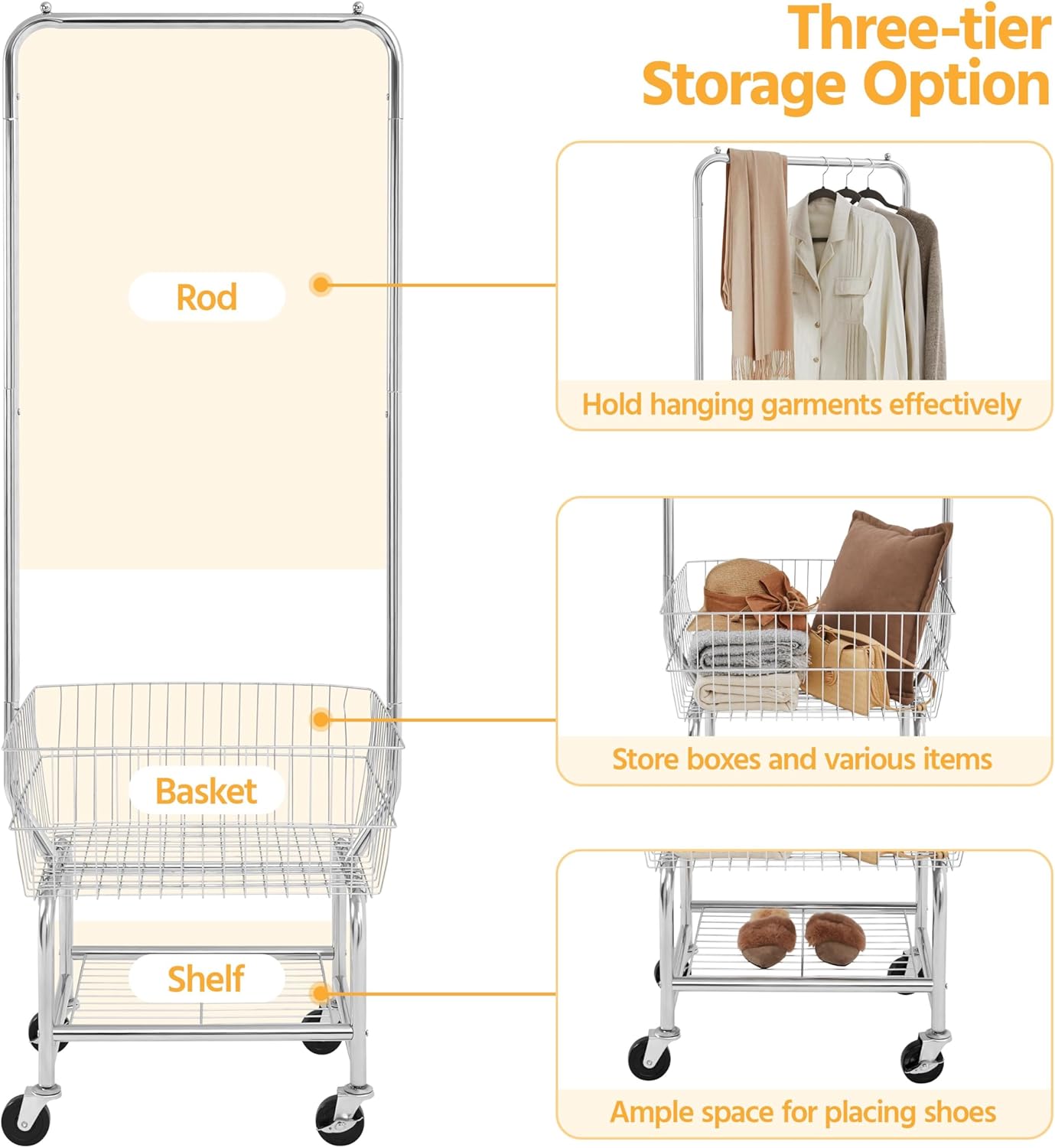 Rolling Laundry Cart with Hanging Rack – Chrome-Plated Organizer