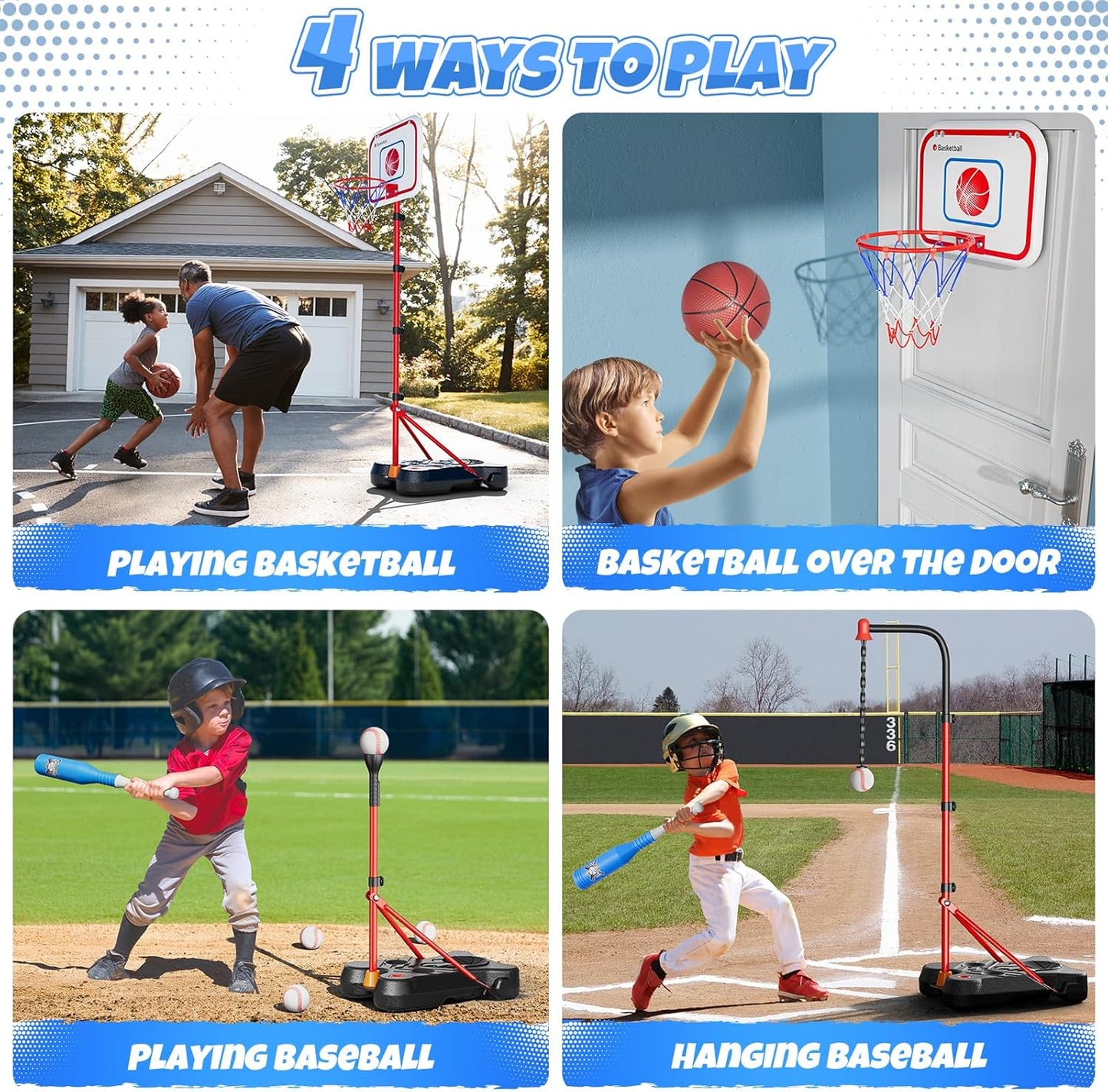 2-in-1 Kids Basketball Hoop and T Ball Set, Adjustable Basket Ball Stand, Outdoor and Indoor Toys Gifts