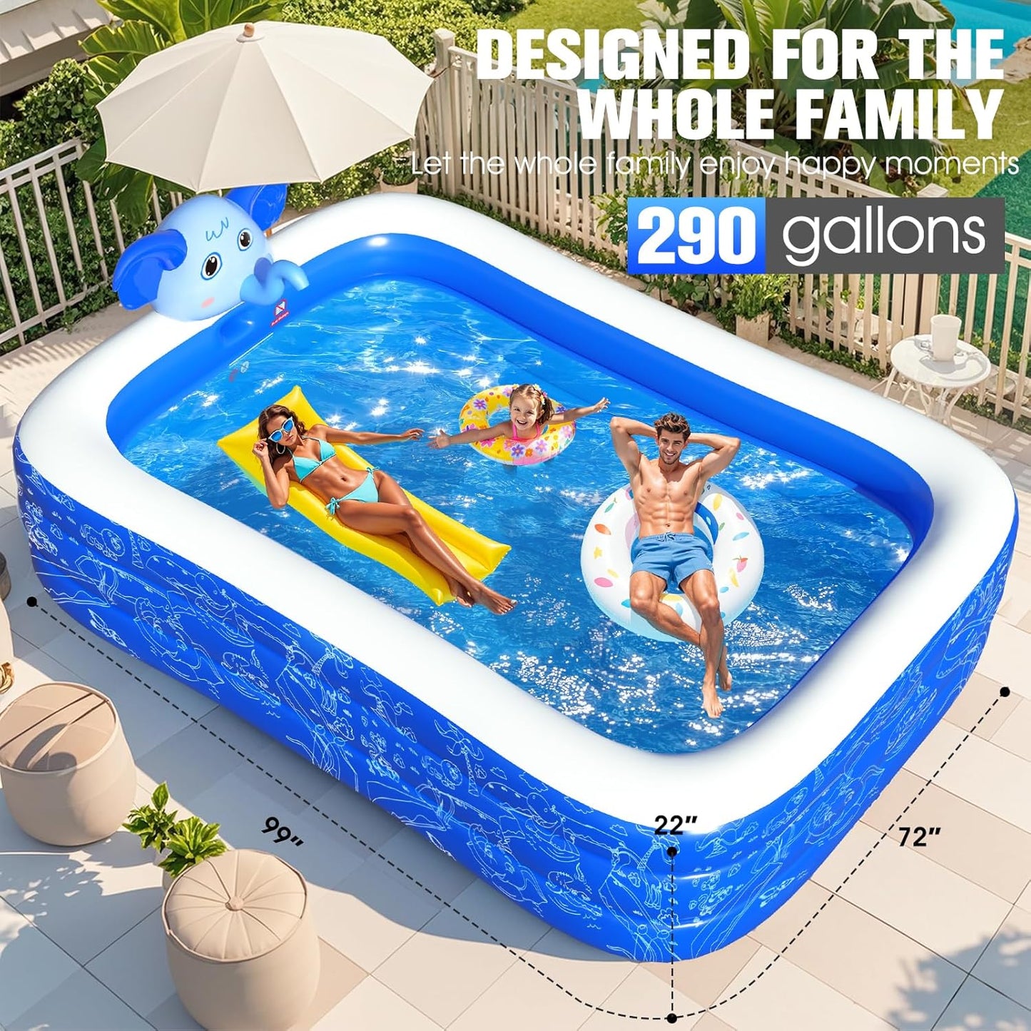Upgraded Elephant Family Inflatable Swimming Pool with Sprinkler