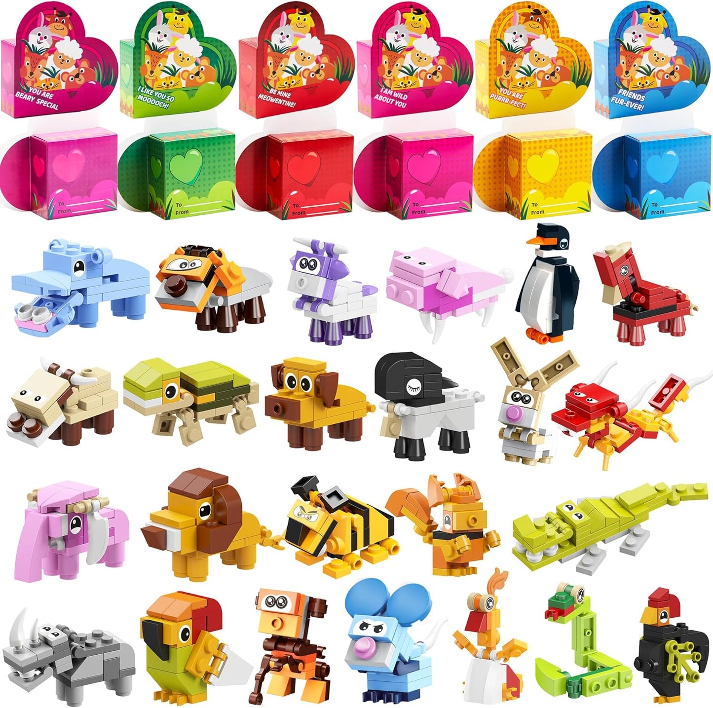 24 Packs Valentines Animal Building Blocks with Hearts Party Favors for Kids