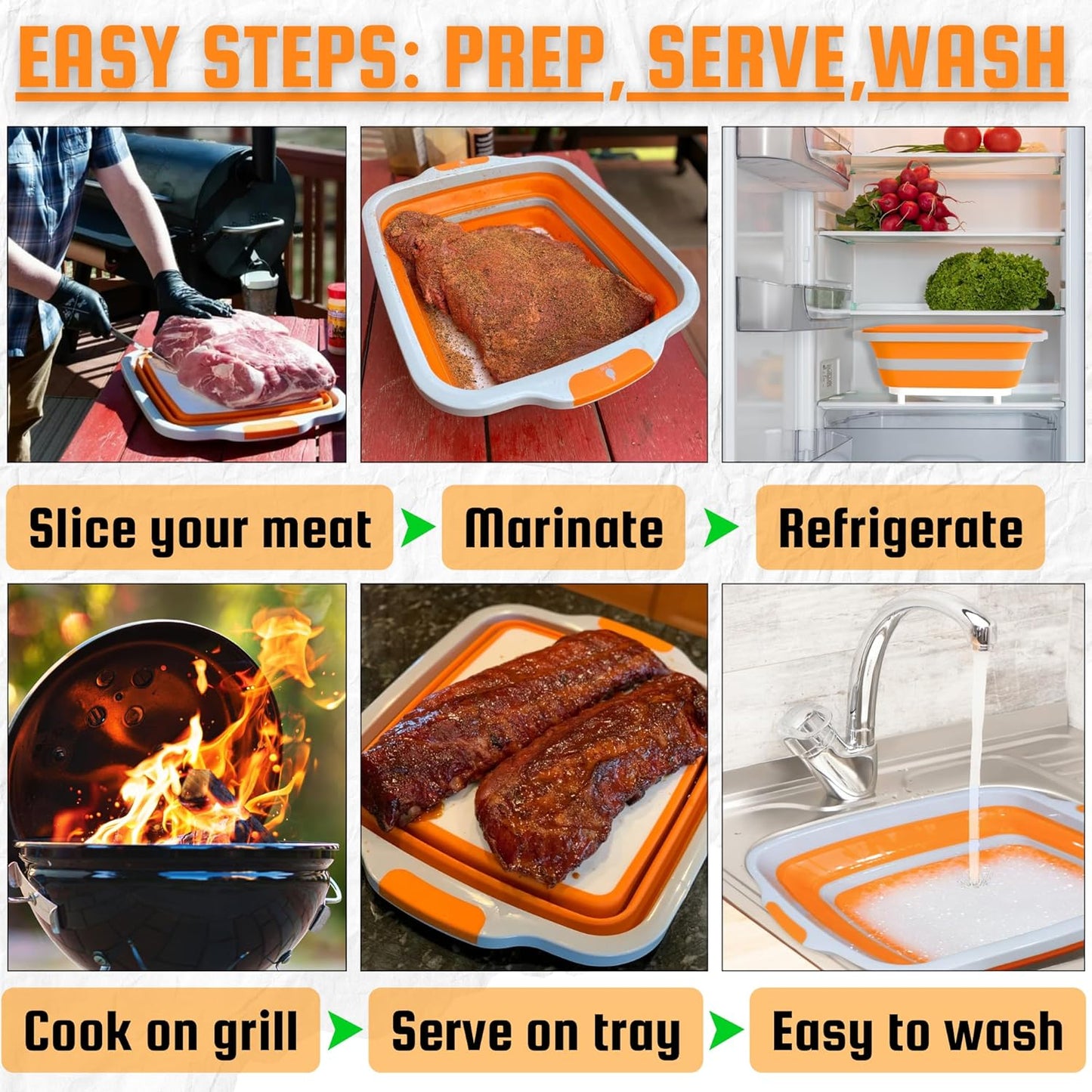 BBQ Prep Tub XL Size with 2 Meat Shredder Claws, Collapsible Cutting Board, and Drip Easy Lid