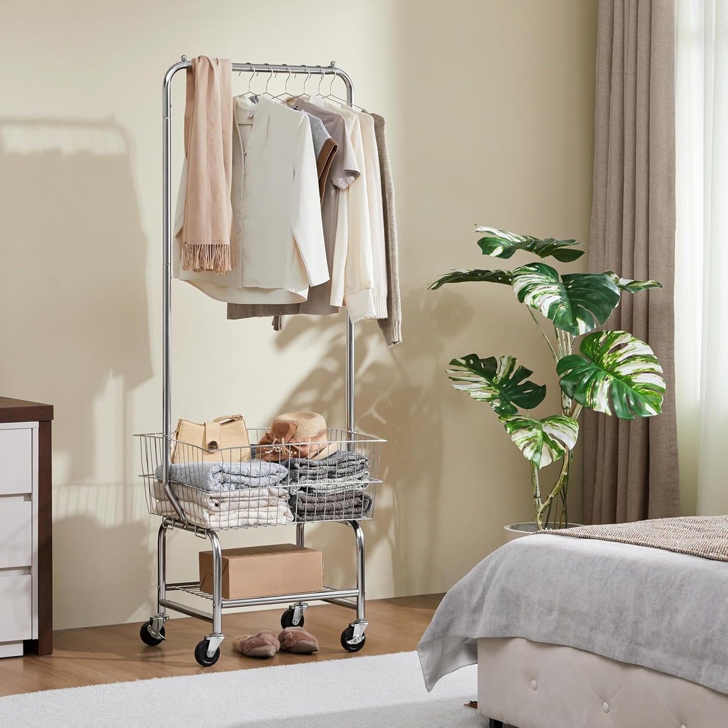 Rolling Laundry Cart with Hanging Rack – Chrome-Plated Organizer