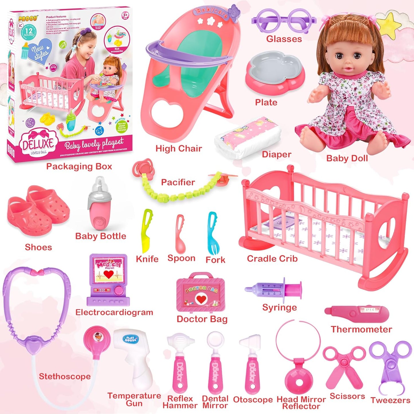 25 Pieces Baby Doll and Doctor Toys Set, 14" Doll Gift for Age 3 4 5 6+ Years Old Girls