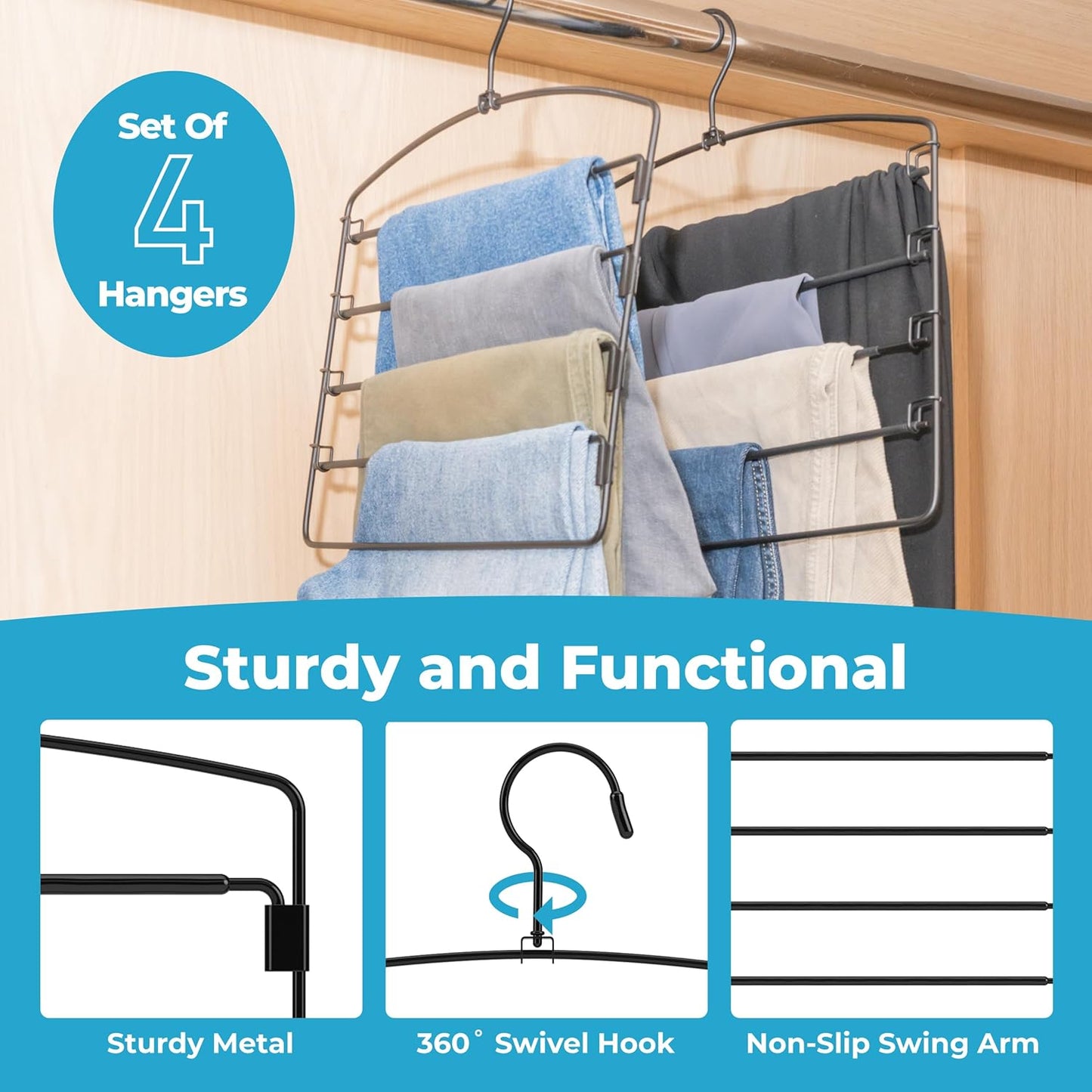 5-Tier Pants Hangers (4 Pack) – Ultra-Slim Space-Saving Closet Organizer with Metal Swivel Hook for Jeans, Slacks & Skirts