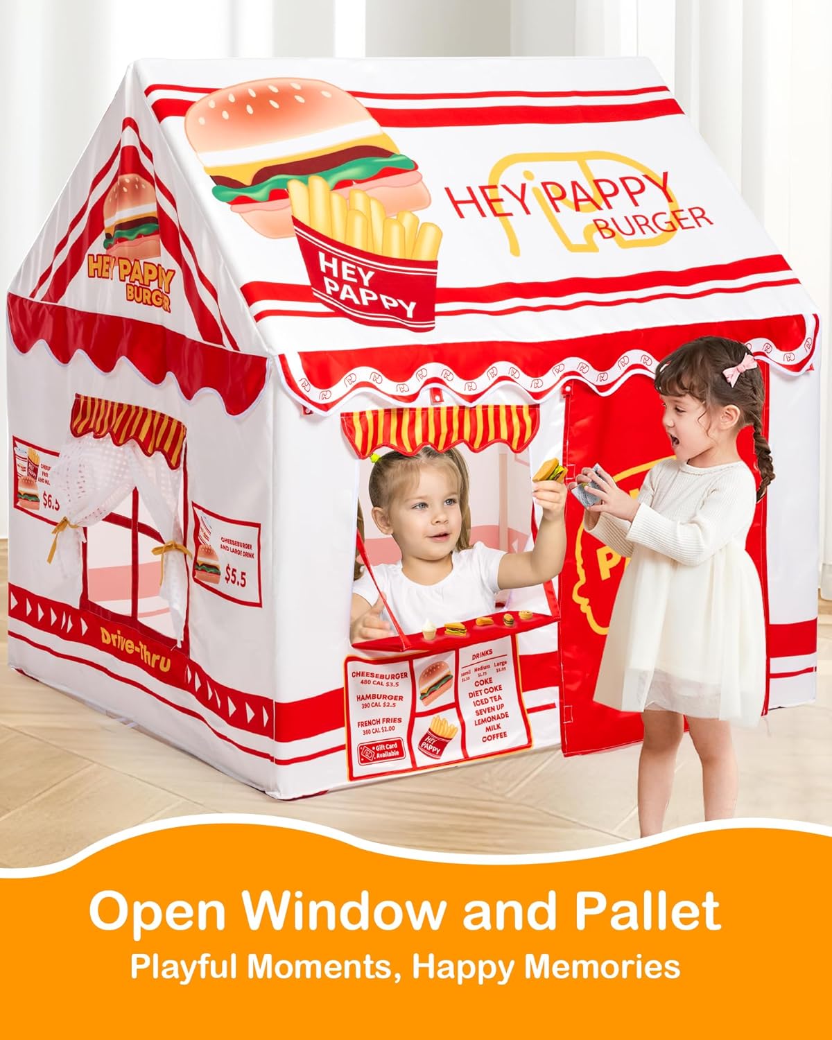 Burger-Themed Toddler Playhouse Tent with Complete Toy Set, Window, Lights, and Balloons