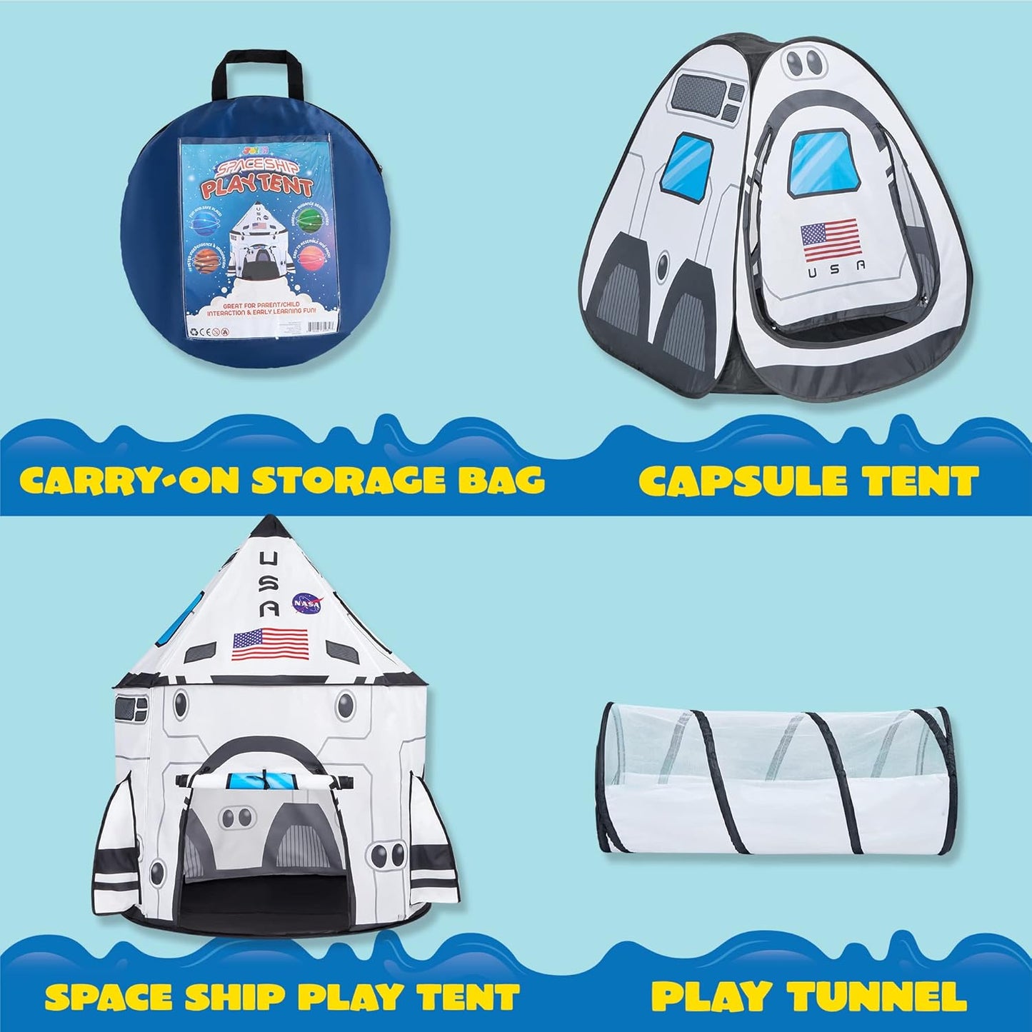 White Rocket Ship Play Tent Set with Tunnel - Indoor/Outdoor Kids' Spaceship Tent
