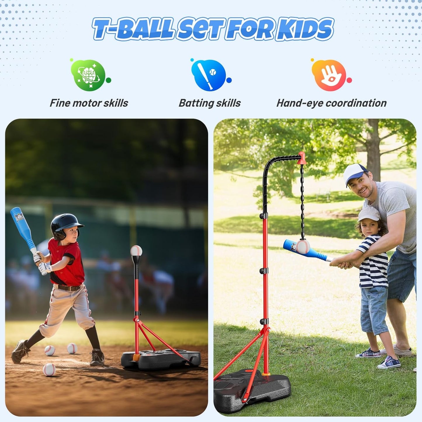 2-in-1 Kids Basketball Hoop and T Ball Set, Adjustable Basket Ball Stand, Outdoor and Indoor Toys Gifts