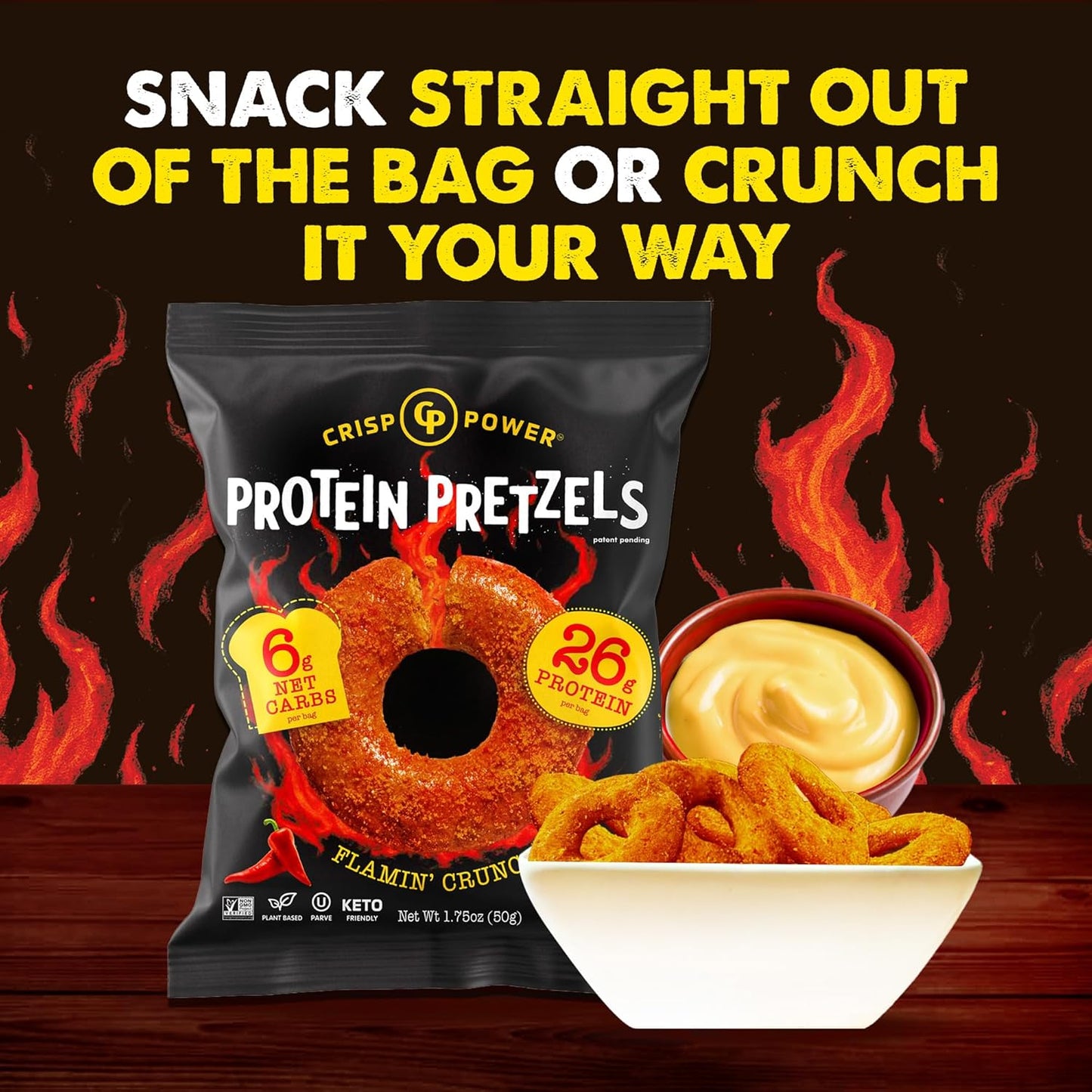 Flamin’ Crunch Protein Pretzels – 26g Protein, High Fiber, Low Carb – No Added Sugar – 6 Pack – Vegan & Keto