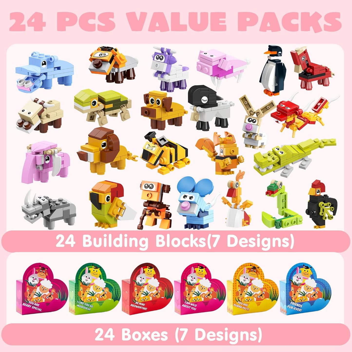 24 Packs Valentines Animal Building Blocks with Hearts Party Favors for Kids