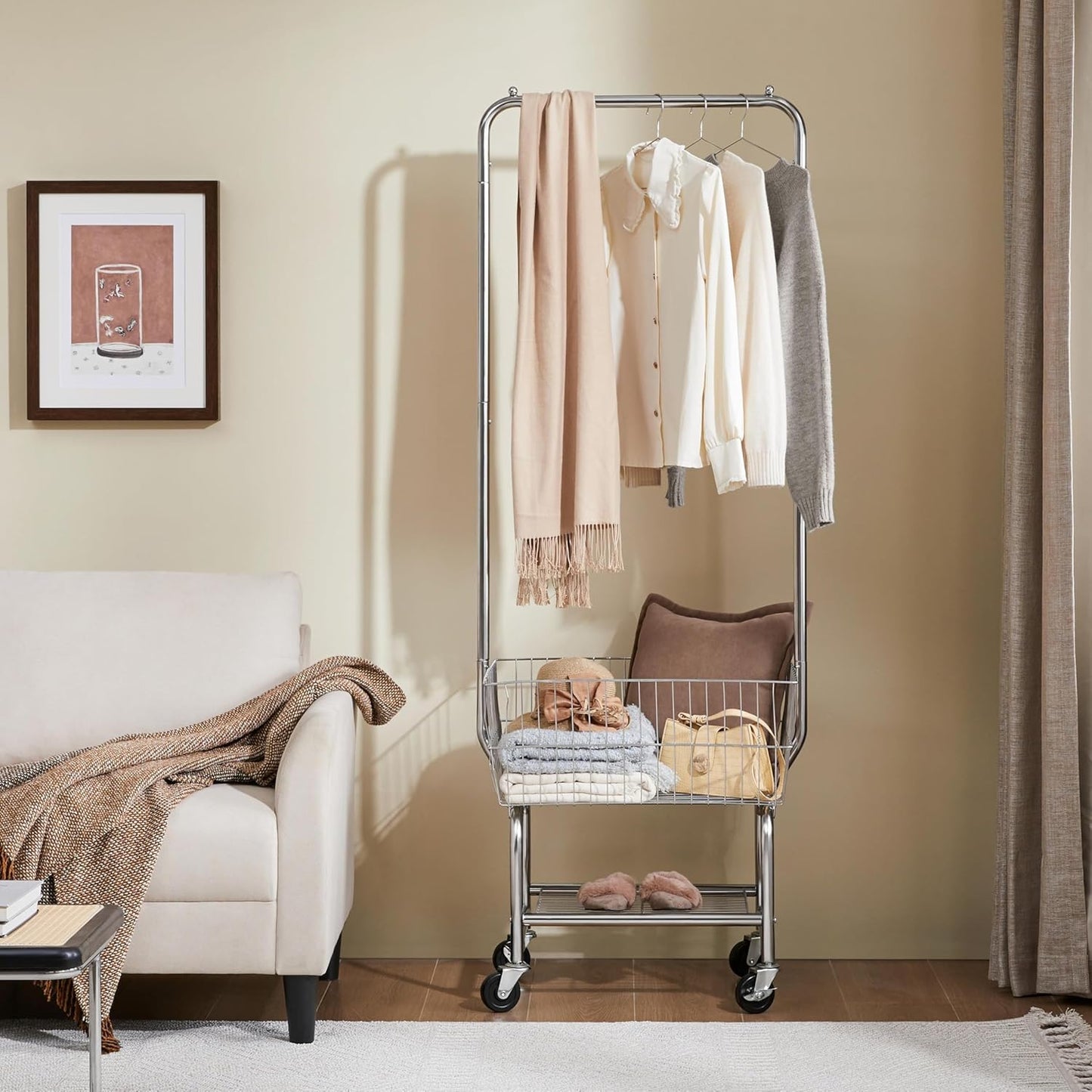 Rolling Laundry Cart with Hanging Rack – Chrome-Plated Organizer