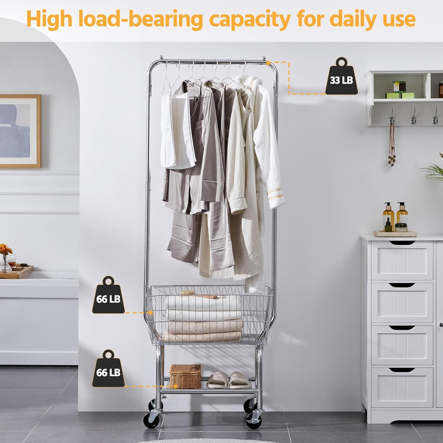Rolling Laundry Cart with Hanging Rack – Chrome-Plated Organizer
