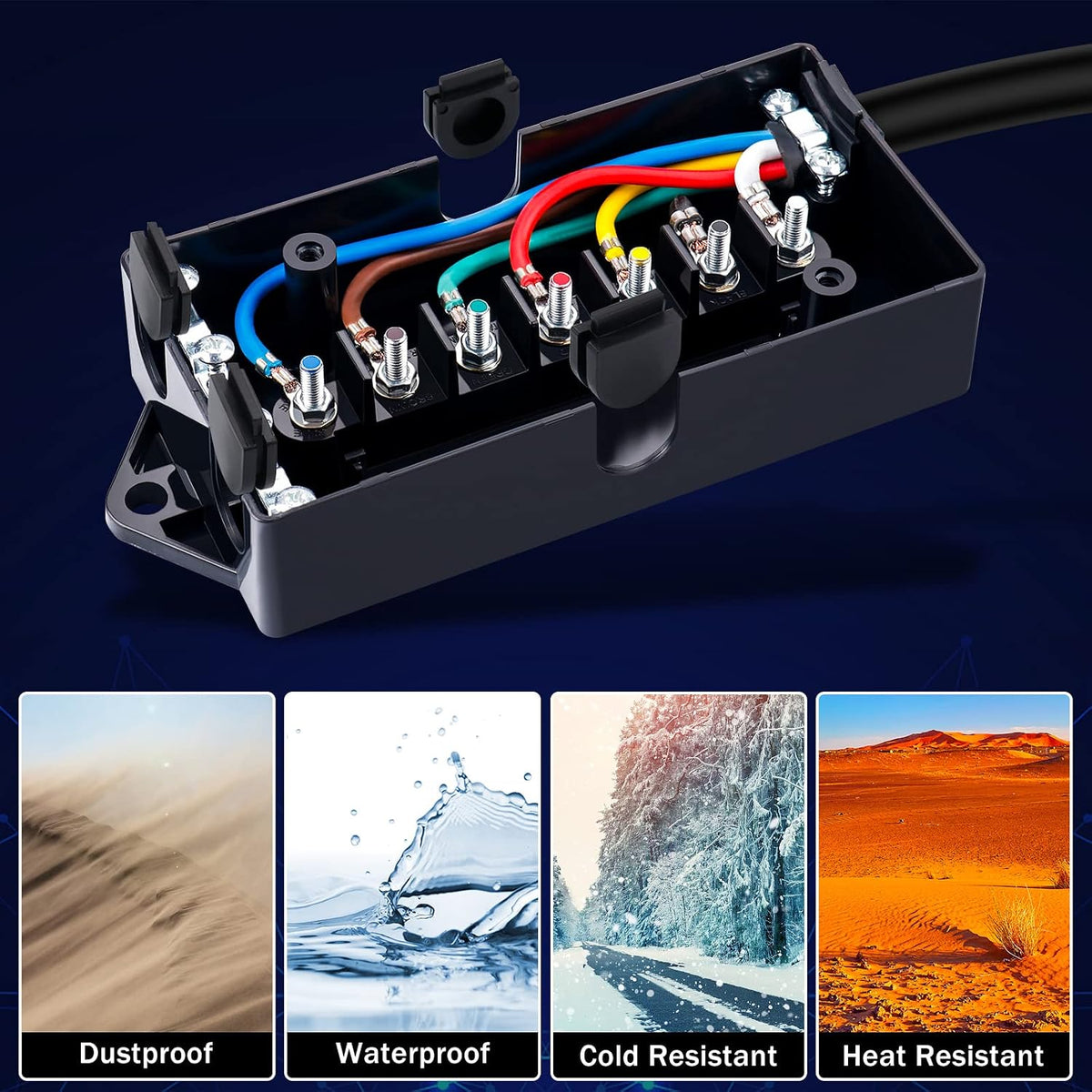 7-Way Trailer Wiring Harness Kit – 8 ft Cord with 7-Gang Junction Box, 12V Breakaway Switch & Plug Holder for Trailers, RVs & Campers