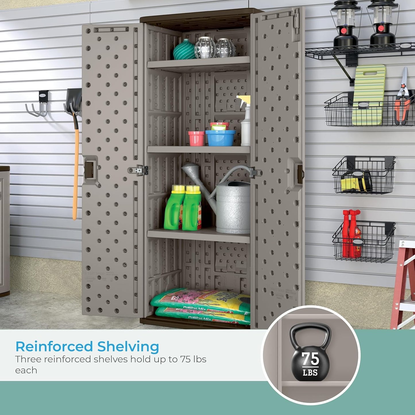 Platinum Resin Tall Storage Cabinet: Weather-Resistant, Lockable Utility Closet for Tools & Supplies