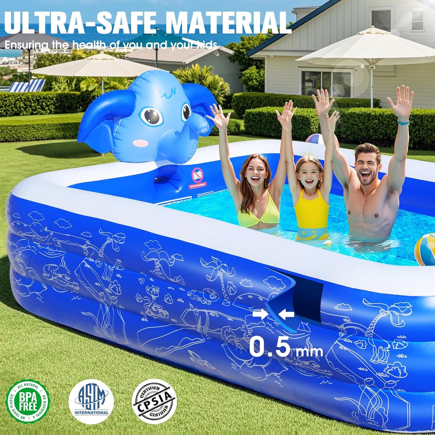 Upgraded Elephant Family Inflatable Swimming Pool with Sprinkler