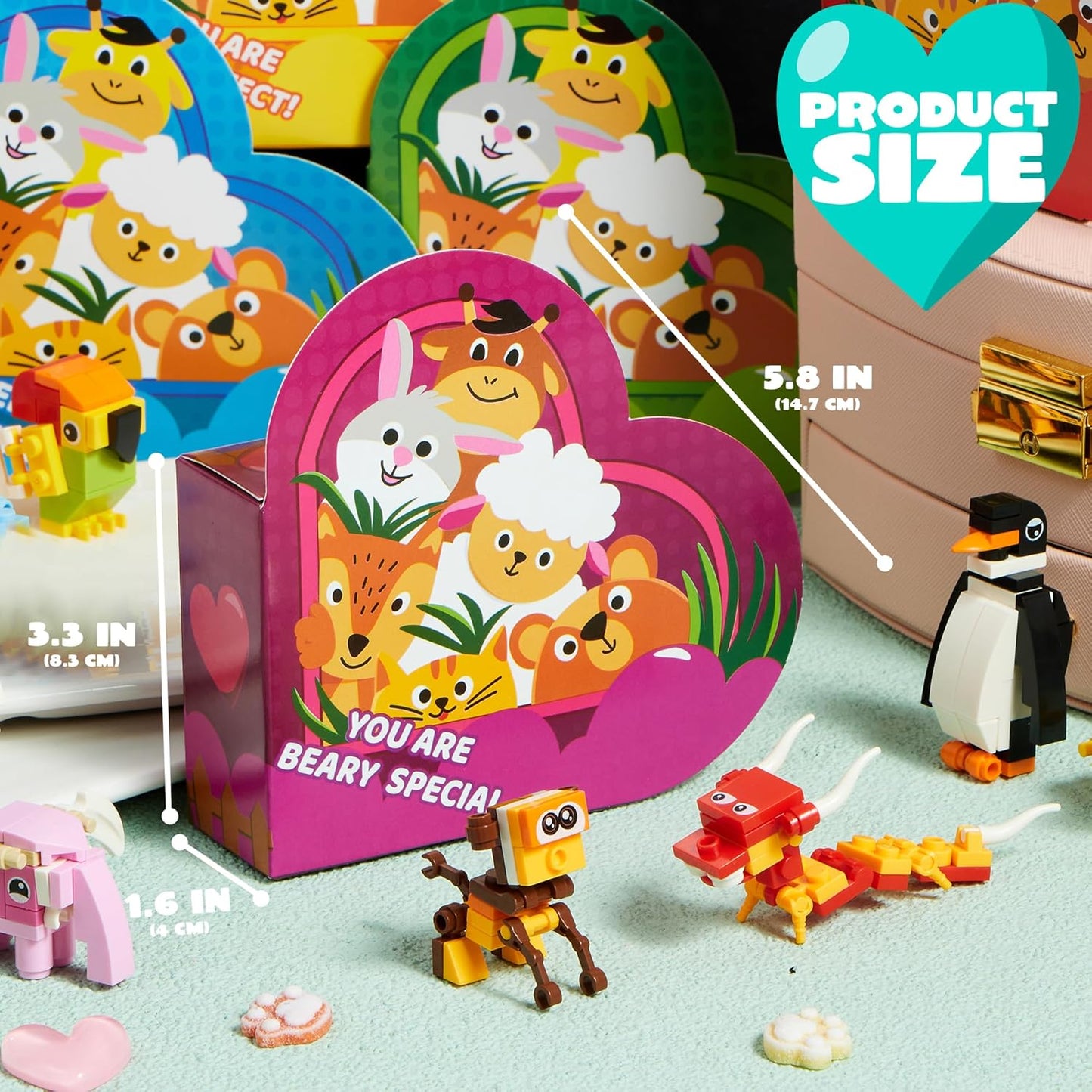 24 Packs Valentines Animal Building Blocks with Hearts Party Favors for Kids