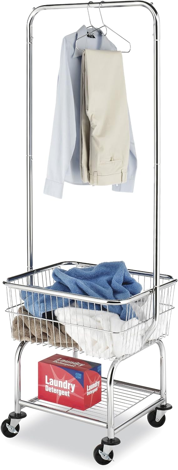 Commercial Rolling Laundry Butler with Wire Storage Rack