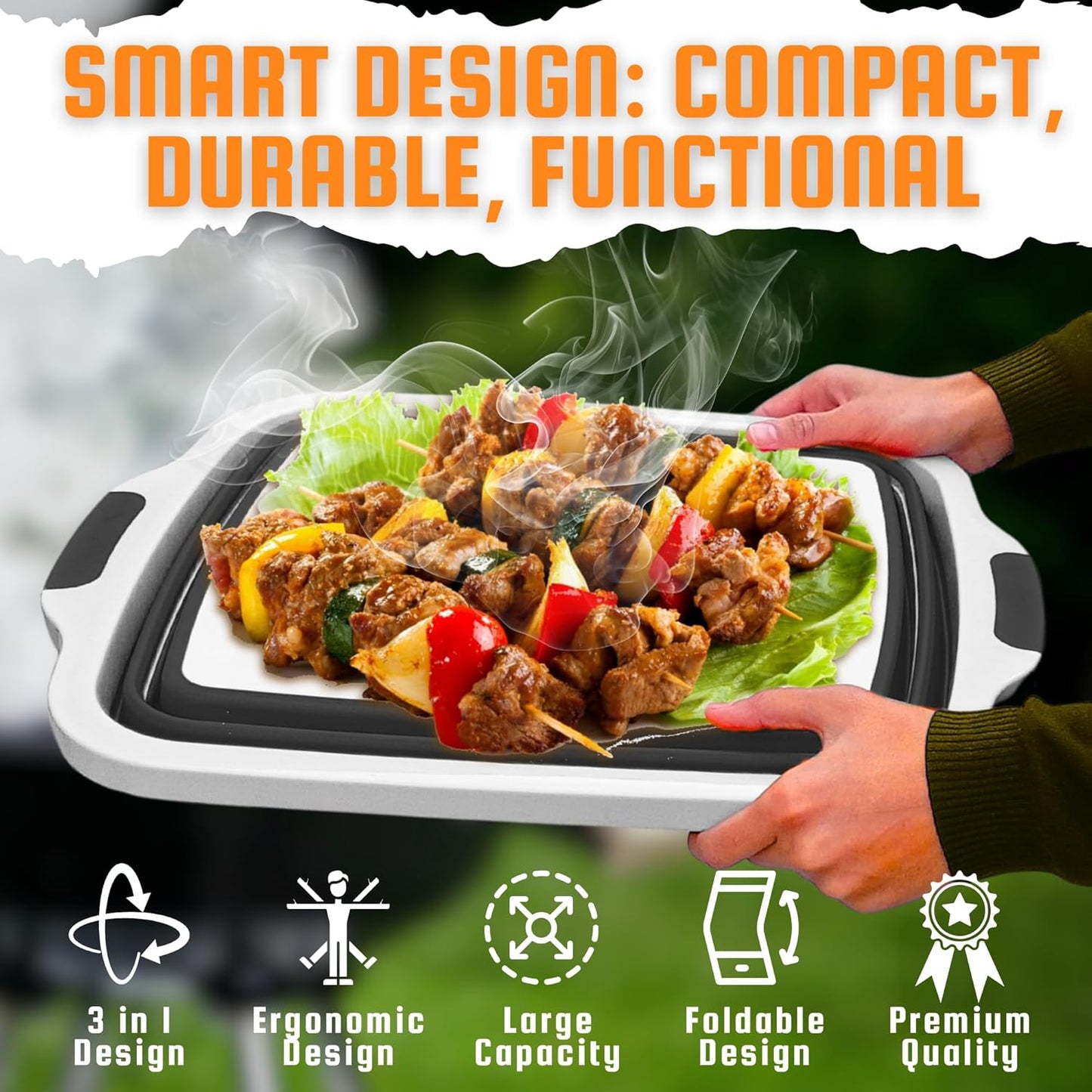 BBQ Prep Tub XL Size with 2 Meat Shredder Claws, Collapsible Cutting Board, and Drip Easy Lid