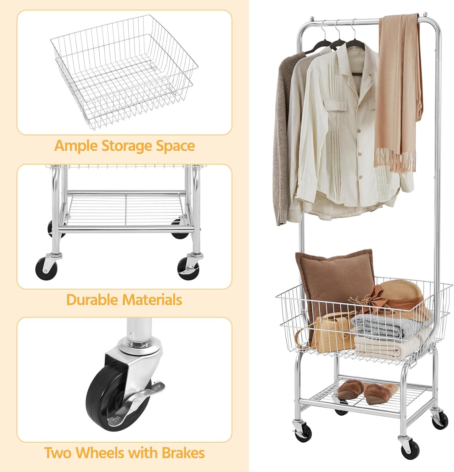 Rolling Laundry Cart with Hanging Rack – Chrome-Plated Organizer
