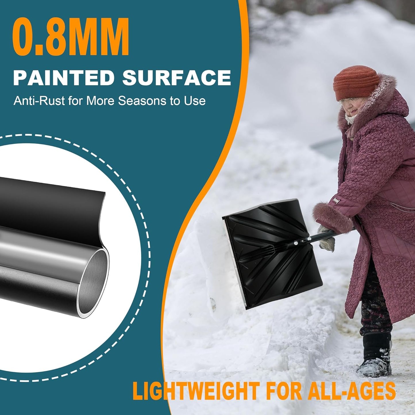 17-Inch Wide Snow Shovel 57” Long with Bent Handle Aluminum Edge Sharp Blade