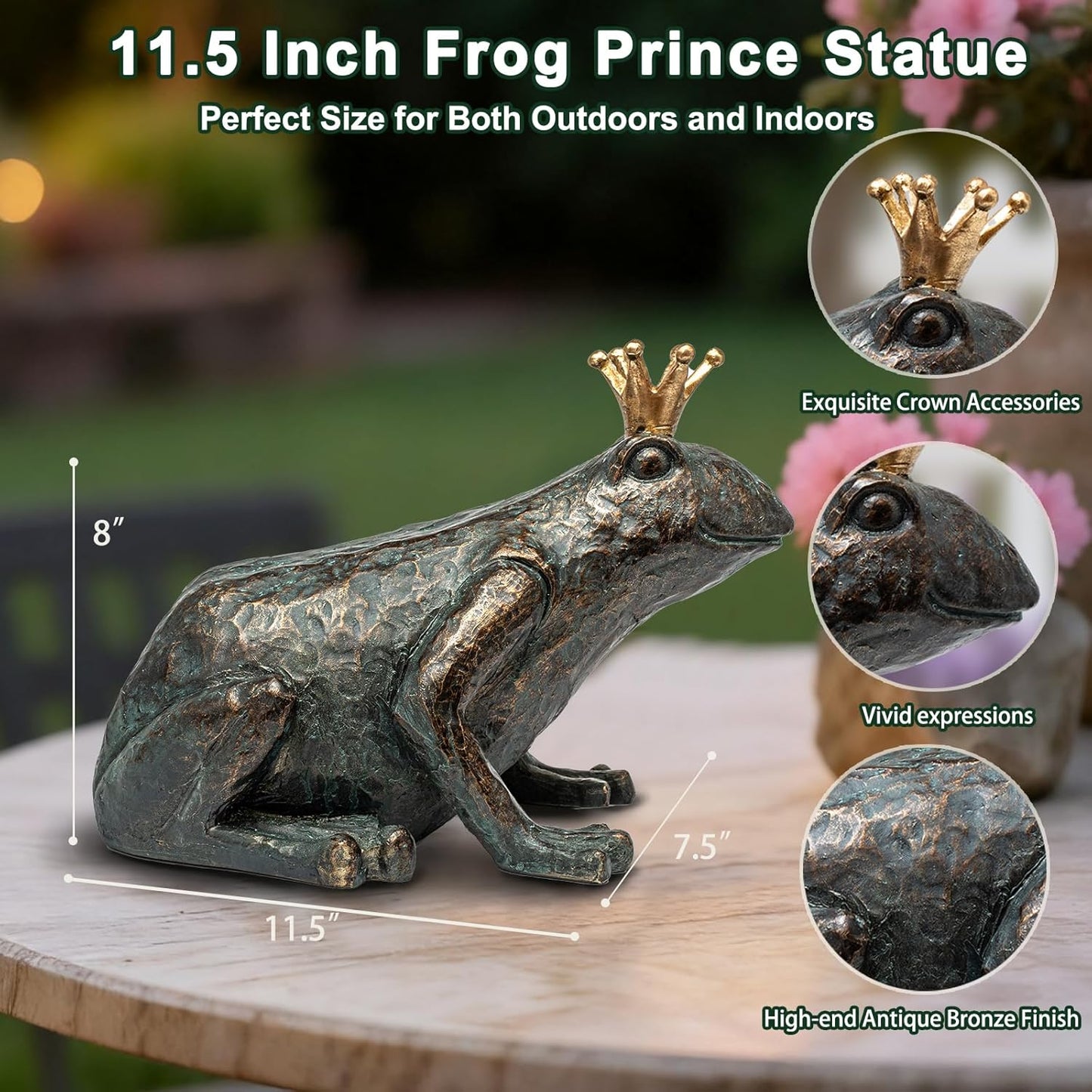 11.5" Crouching Frog Prince Garden Statue – Weather-Resistant Indoor & Outdoor Sculpture for Patio, Yard, Entryway or Home Decor