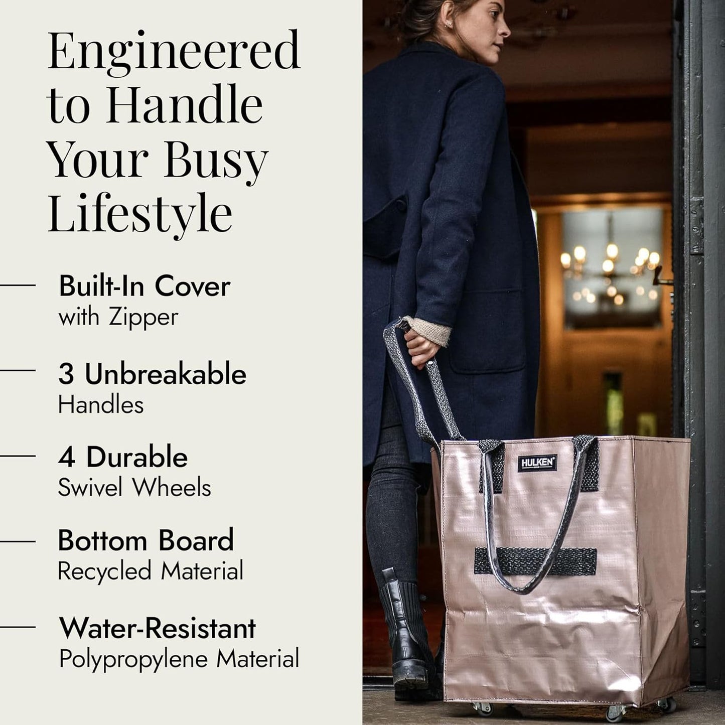 Rolling Grocery Bag: Lightweight, Zippered, 66 lb Capacity, Folds Flat, Unbreakable Handles